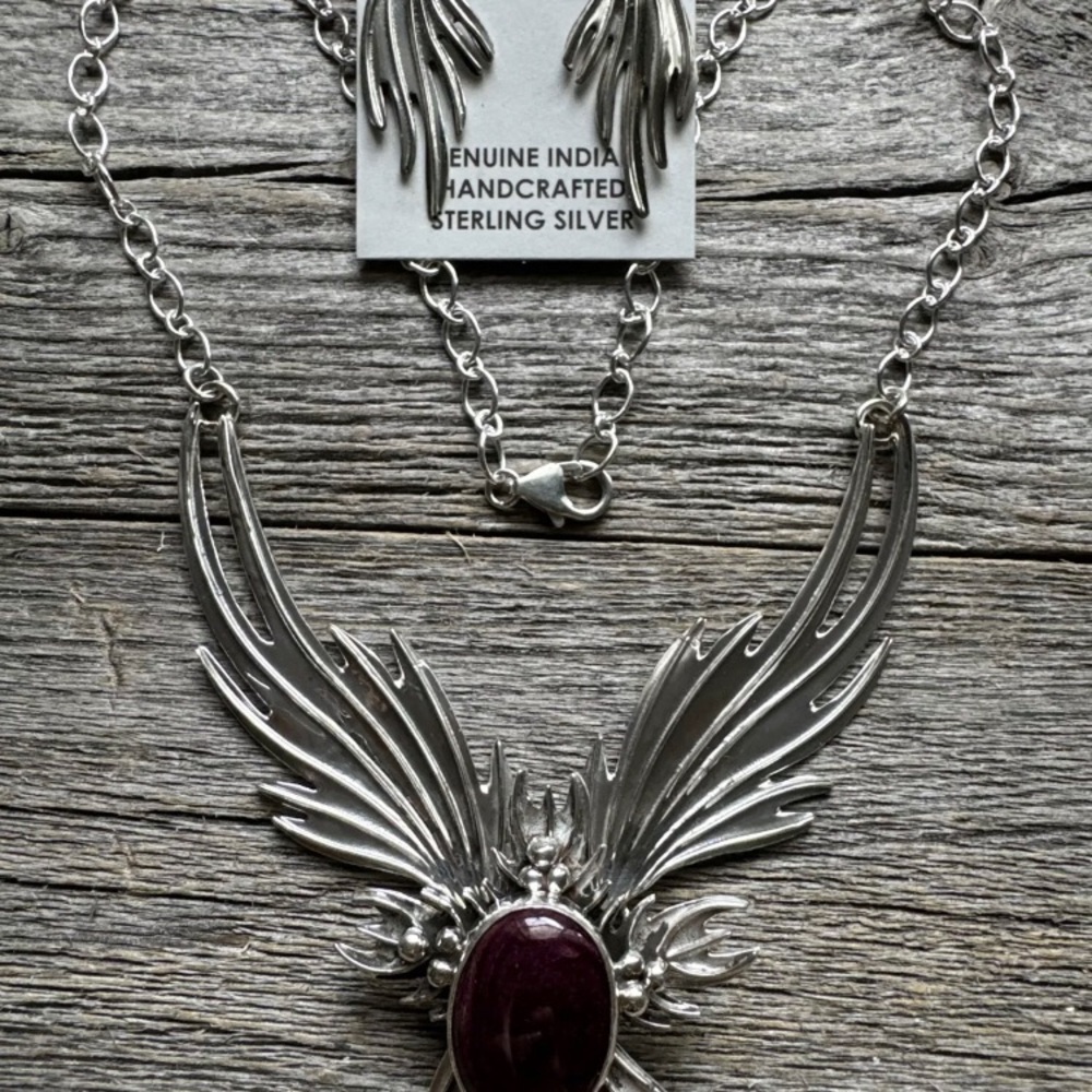 Navajo Sterling Silver Purple Spiny Oyster Chain Lariat Y Necklace Earrings Set - Picture 5 of 12